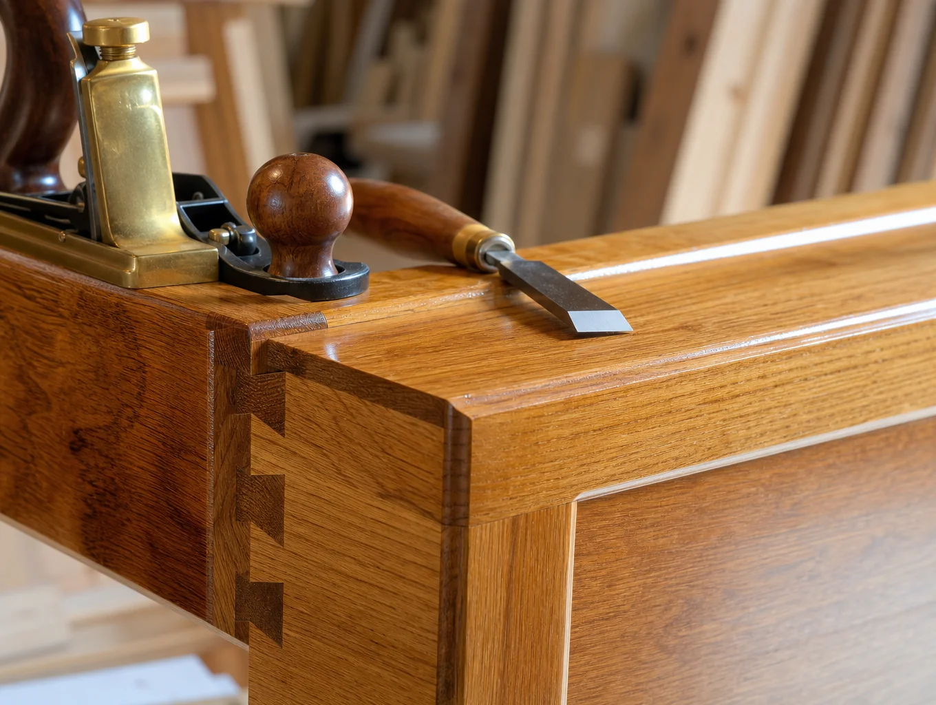 Close up of dovetail joints and solid maple shaker cabinet construction
