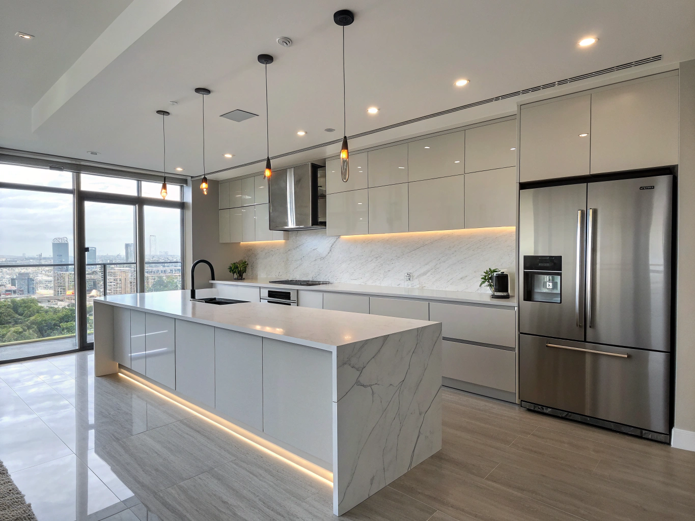 Ballantyne modern shaker kitchen with slate grey cabinets and quartz waterfall island