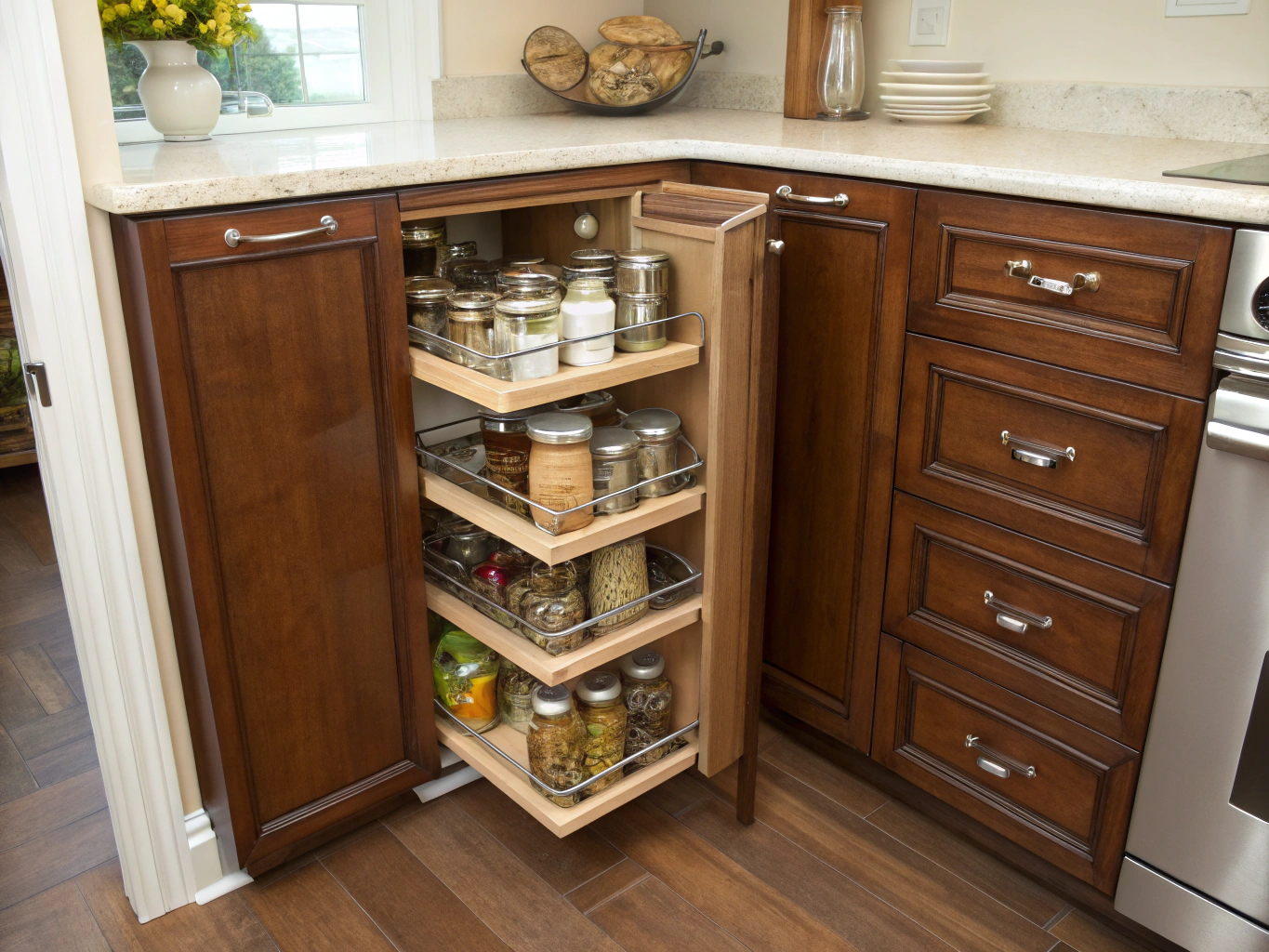 Custom full height pantry cabinetry with roll-out spice racks