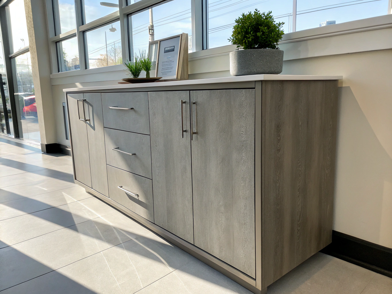 Flat door modern grey slab kitchen cabinets