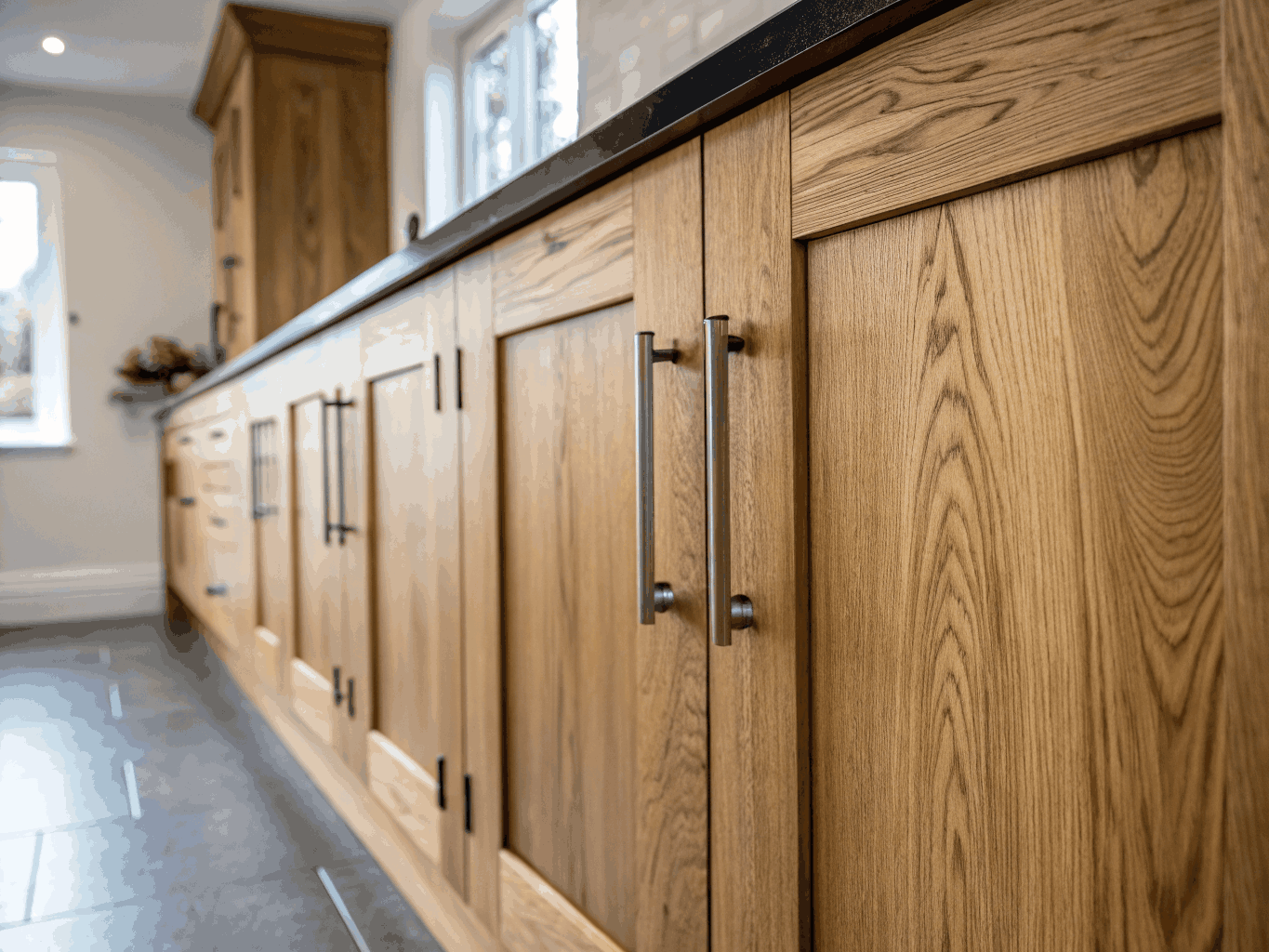 Flat door natural wood slab kitchen cabinets