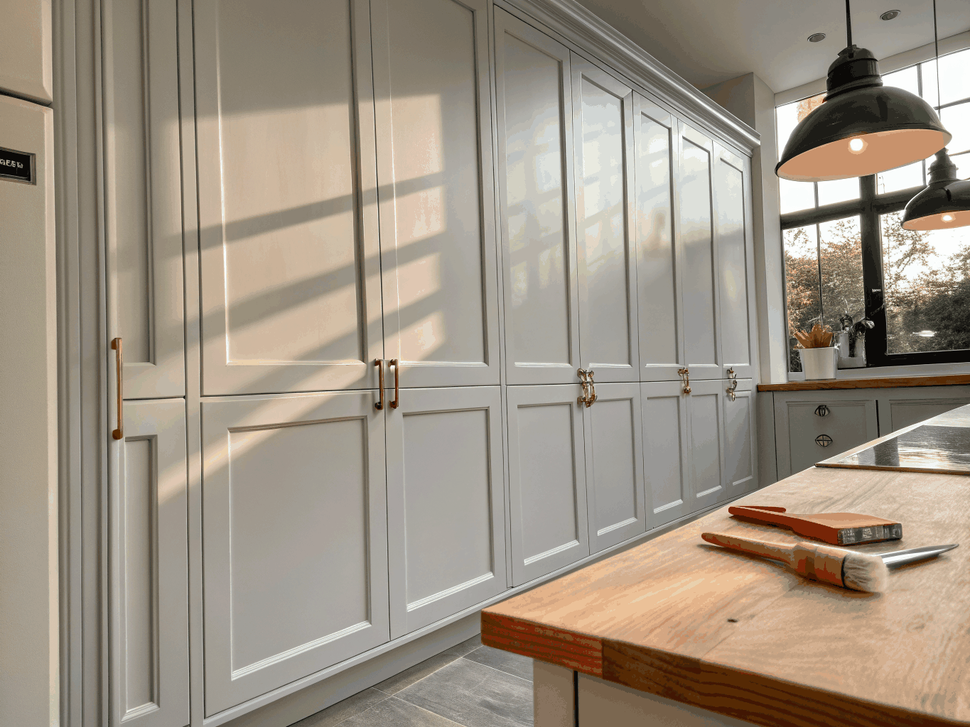 Custom painted kitchen cabinets in Benjamin Moore designer tones