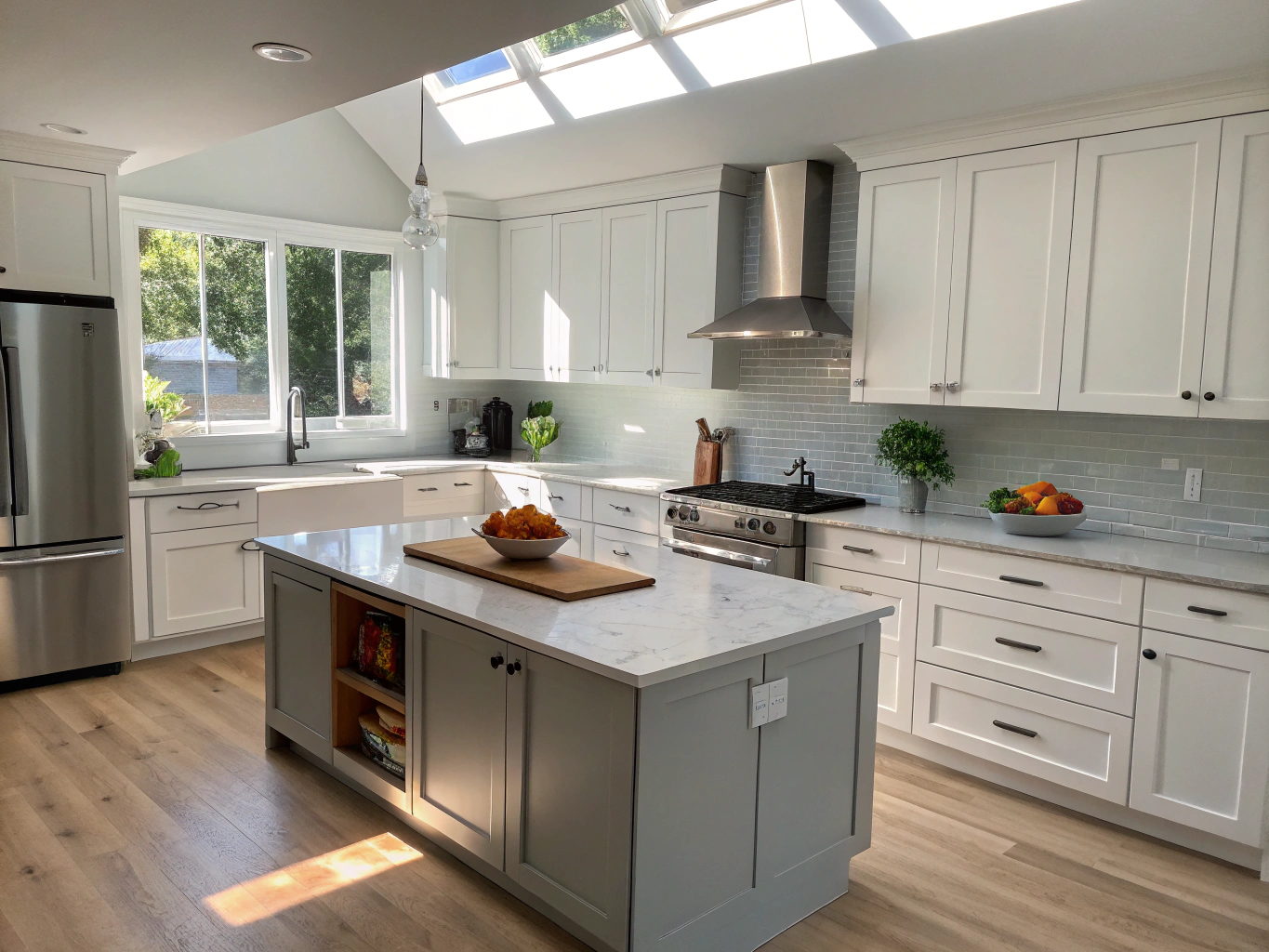 Bright modern white shaker kitchen remodel in Ballantyne with quartz island