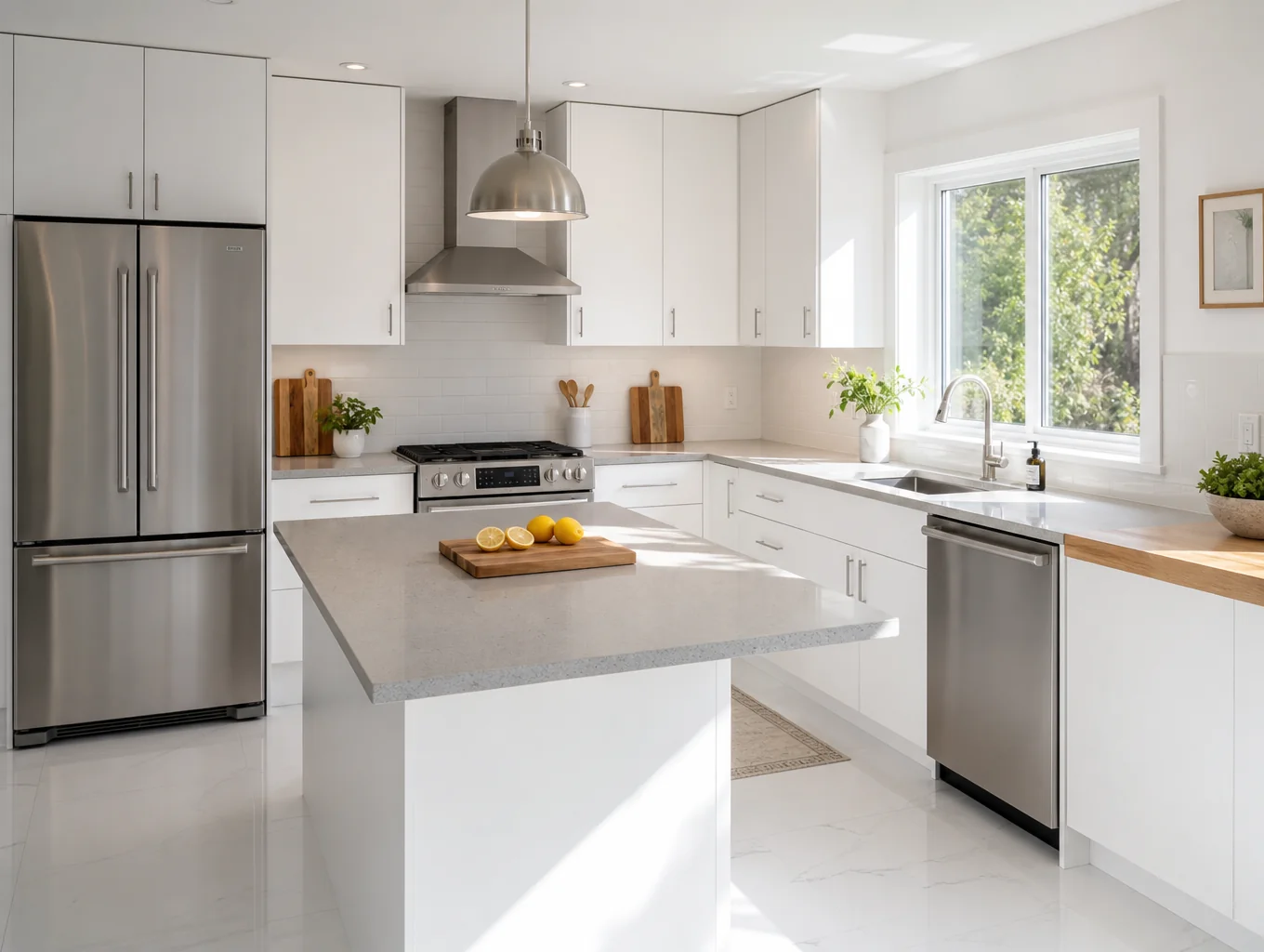 A sleek modern high-gloss white kitchen in Dilworth with glossy slab cabinet fronts, contemporary hardware, and waterfall quartz counters